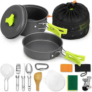 15pcs Camping Cookware Mess Kit Non-Stick Lightweight Portable Pots Set for Camping Backpacking Hiking Outdoor Cooking and Picnic