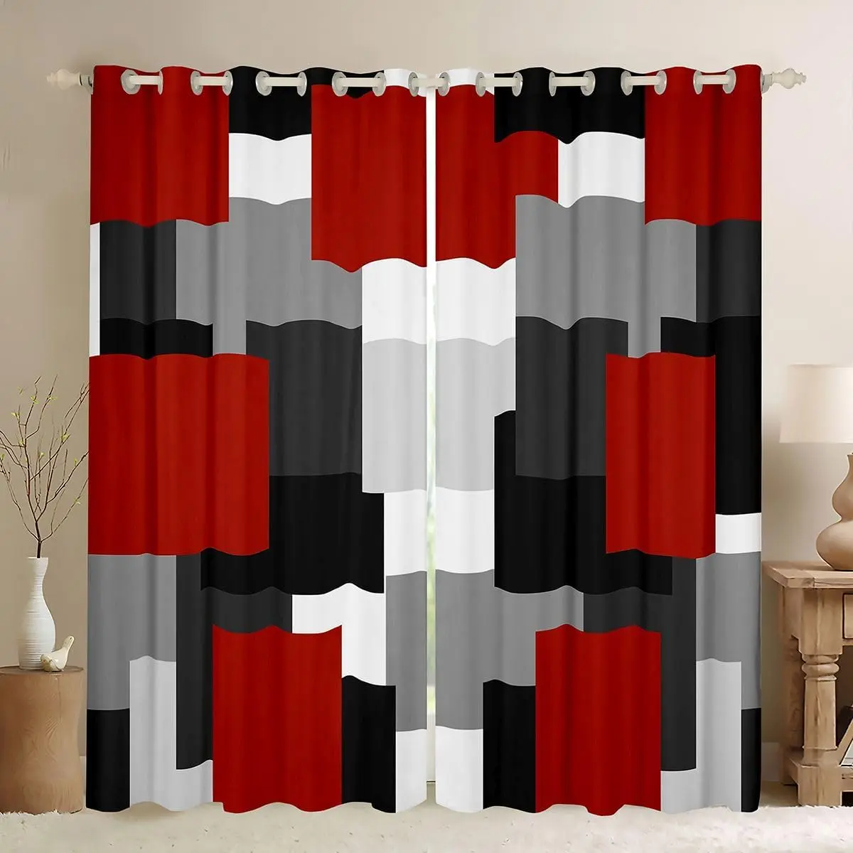 Geometric Blackout Curtains Red Black Gray Darkening Drapes for Bedroom Room Decor Plaid Buffalo Check Thermal Insulated Shades Modern Art Window Treatments,2 Panels