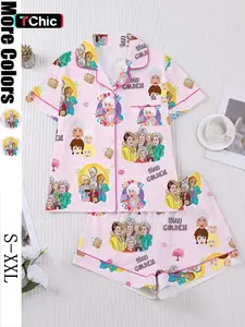 Golden Girl Sleepwear Loungewear Set, Full Print Pajamas for Women, Lapel Short Sleeve Shorts, Couple & Holiday Home Wear