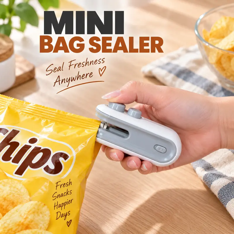 【FaddishDeal】2-in-1 Manual Rechargeable Mini Bag Sealer and Cutter, Handheld Portable Heat Sealer with Charging Cable, Camping & Home Kitchen Gadget for Chip/Snack Bags That Keeps Food Fresh