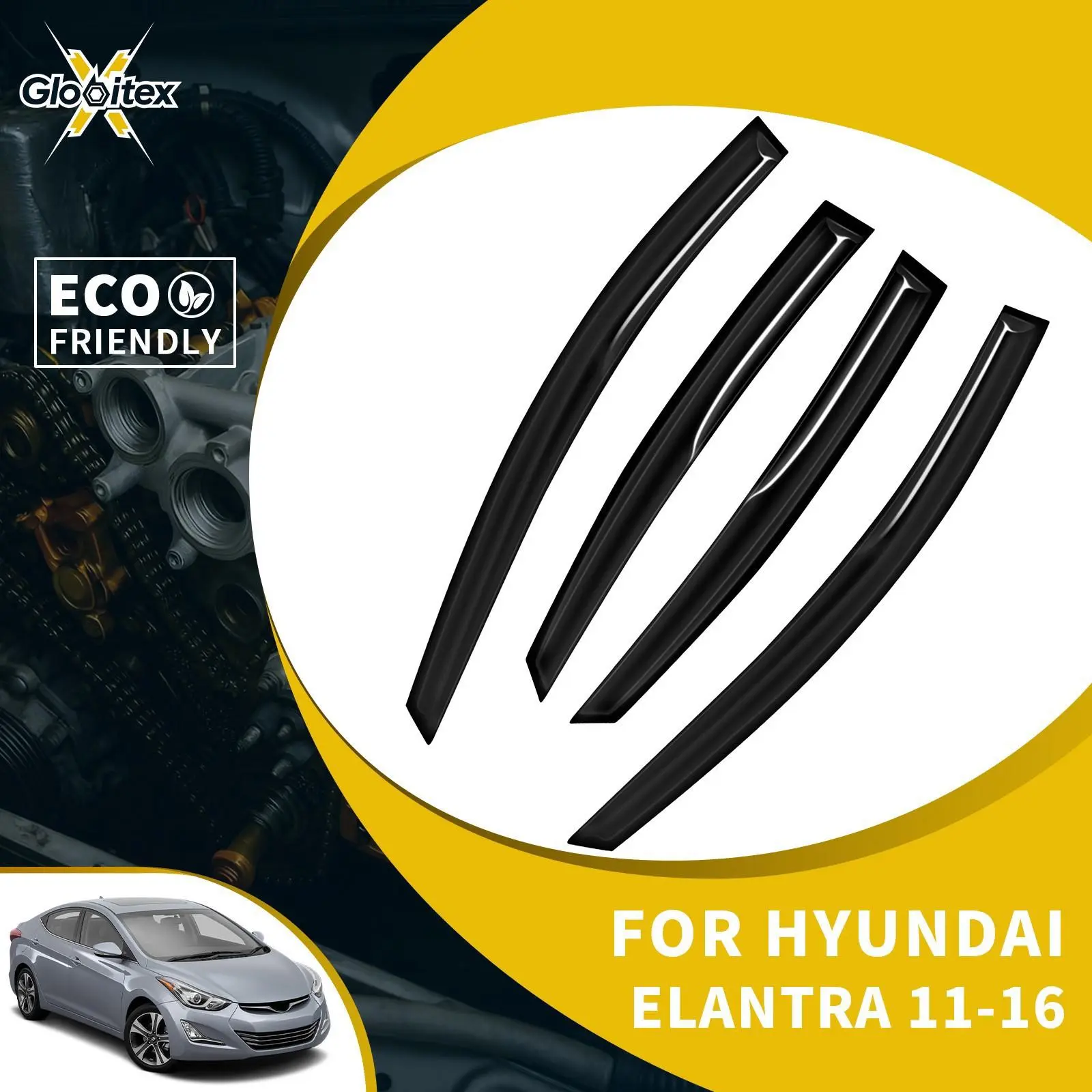 Tape-On Car Sun Visors - Outside Window Sun Rain Guards, Vent Wind Deflectors for Hyundai Elantra 4-Door Sedan 2011-2016, JDM Mugen Style Mount, 4PCS, Car Sun Visor