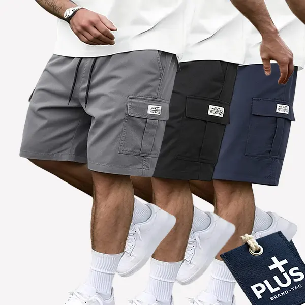 Men’s plus size shorts 3 piece set (earth yellow/black/gray/blue) — slanted pockets — versatile casual wear — suitable for everyday use — multi pocket design — ideal for summer outings, travel, and vacations — plus size shorts