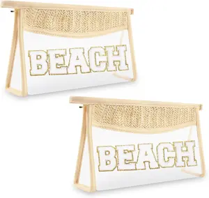 2 Clear Patch Makeup Bags, Boho Beach Swim  Zipper Toiletry Pouch for Women Girls, Clear Letter Patch  Bag for Travel