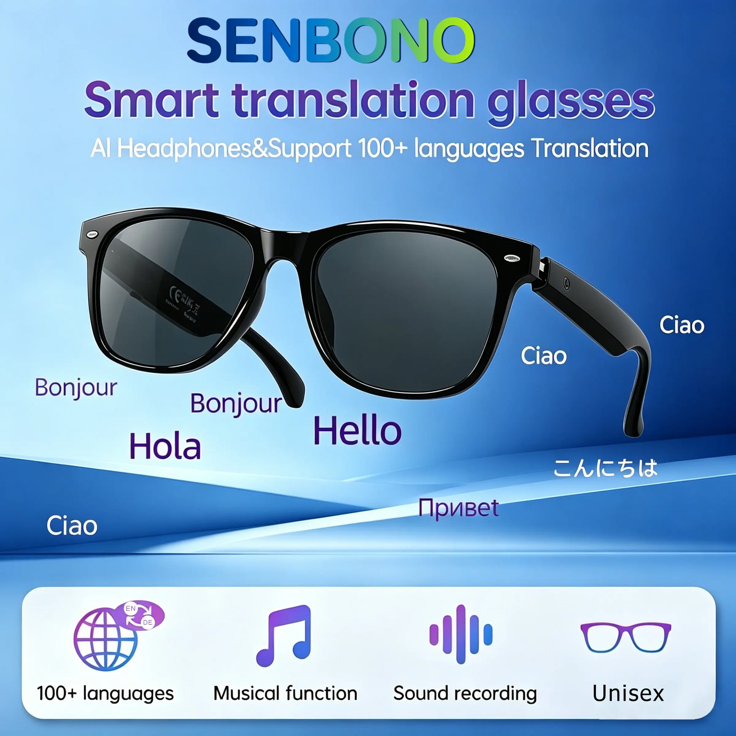 AI intelligent glasses, real-time translation in over 100 languages, conference recording, audio glasses, can play music and answer calls at any time, easy to operate, lightweight, versatile glasses, suitable for various occasions, ideal gift