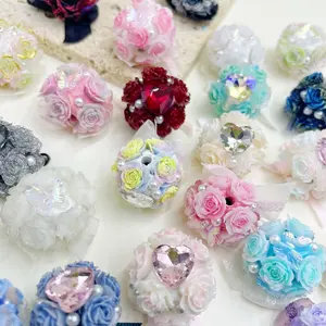 10pcs/20pcs Random color flower beads with bow rhinestone 0r pearl, soft ceramic, suitable for handmade pen jewelry keychains, DIY bead mixed colors