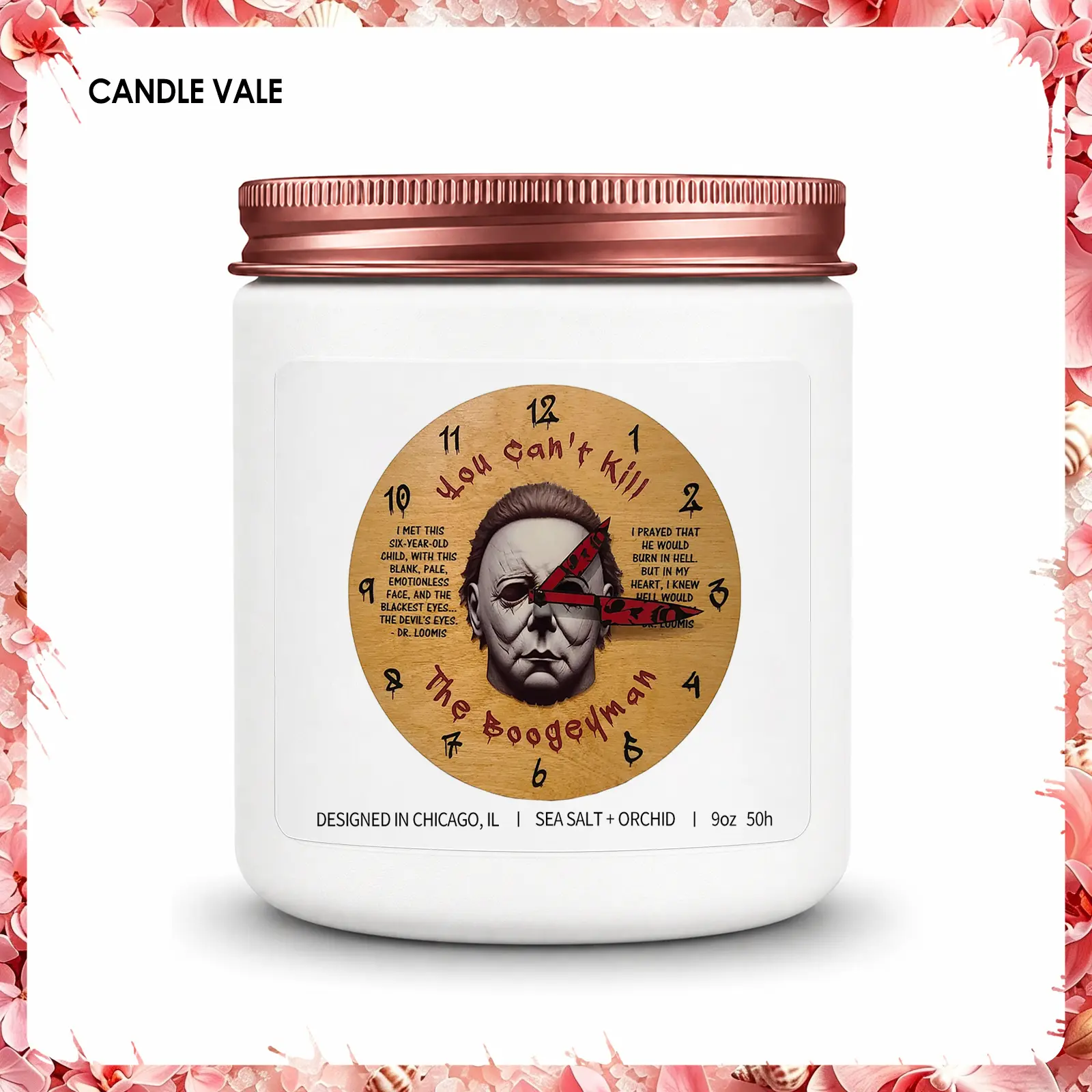 1Pc Gothic Scented Handmade Soy Wax Candle with Wick, Horror Clock Face Floral Design, 50-Hour Burn Time, Spooky Home Decor Gift for Horror Fans, Halloween Occasion Use