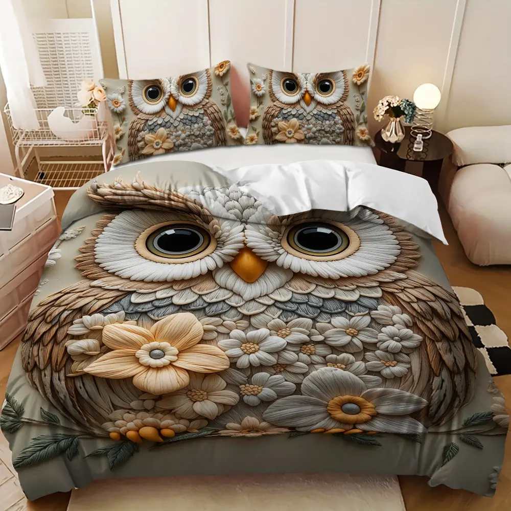 Bedding 3-piece set - 3PCS,Off-white and Brown Owl Flower Decorated Down Comforter Set (1 comforter cover + 2 pillowcases, filling not included) - soft and comfortable, suitable for family bedrooms.