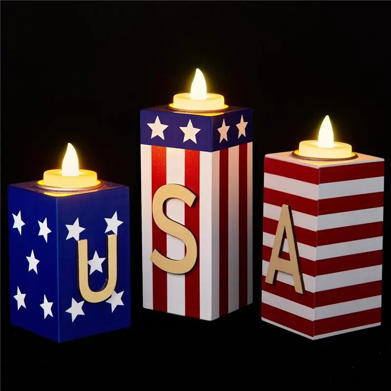 BlcTec 4th of July Decorations for Home, 3 PCS Patriotic Wood Candle Holders with LED Tea Lights, Rustic Farmhouse Wood Candle Centerpieces for Home Tiered Tray, Table, Office Décor, Flag Style
