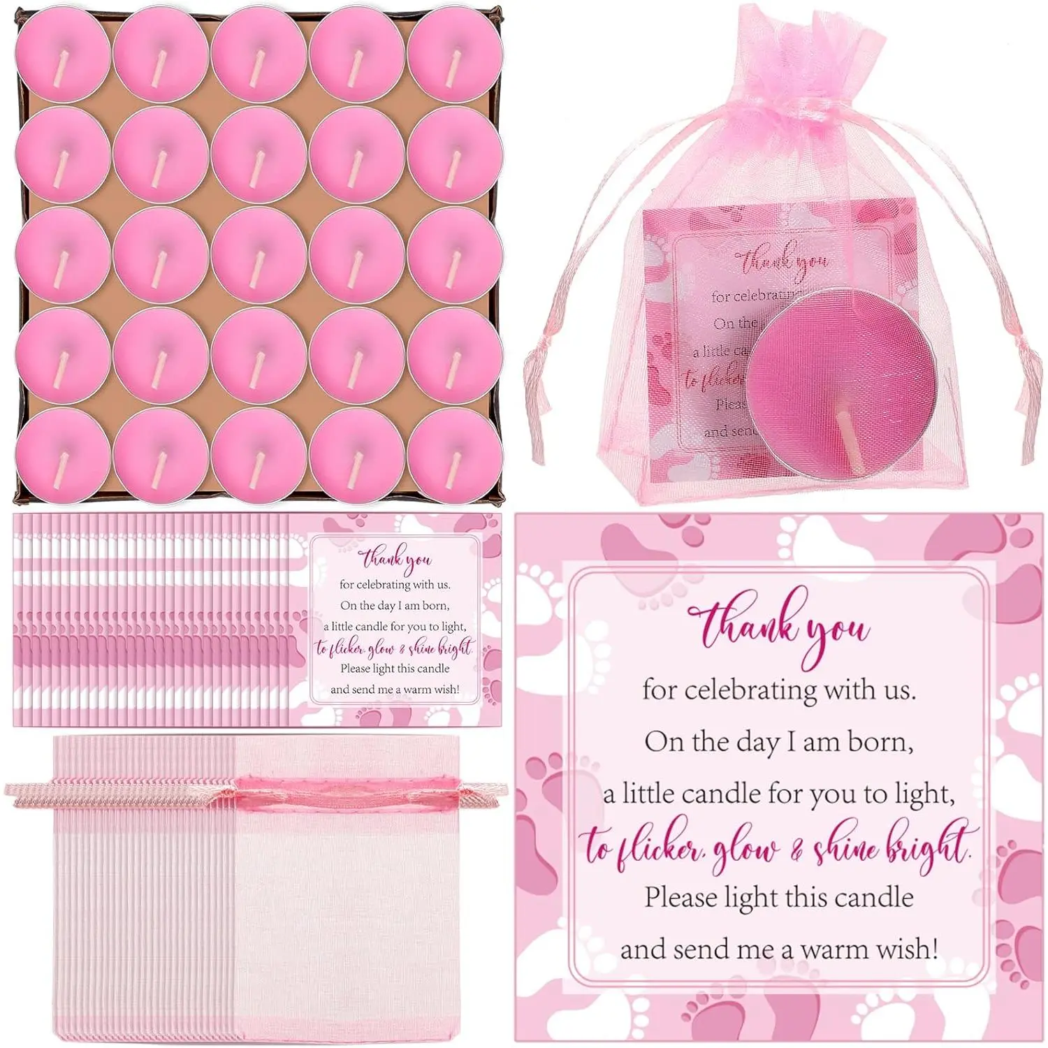 50 Sets  Shower Party Favors Including 50 count Unscented Tealight  Shower Candles 50 count Gift Bags 50 count  Shower Cards for  Shower Gender Reveal Party Supplies (Pink)
