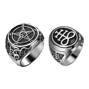 OIDEA Baphomet Sigil of Lucifer Ring: 2 Pcs Punk Gothic Seal of Satan Symbol Pentagram Goat Head Biker Signet Rings Set Satanic Talisman Amulet Jewelry Gifts for Men