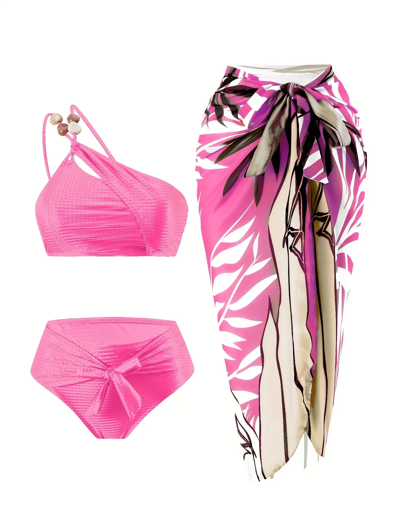 Three-Piece Set Women's Summer Swimsuit Set, Casual Beaded One Shoulder Swim Top & Swim Panty & Leaf Print Wrap Cover Up Skirt, 2024 Summer Swimsuit Set, Bikini Skirt Set, Beach Holiday Swimsuit