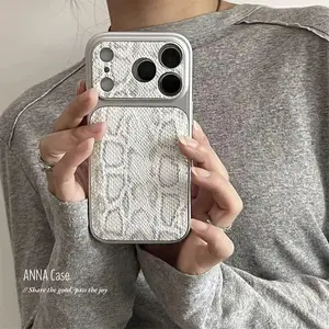 Premium White Textured Leather PC Phone Case for iPhone 17 Pro Max 16 15 Pro 14 13 Pro Max Shockproof Back Cover Custom Monogram Pink Striped Magnetic with Lens Protector