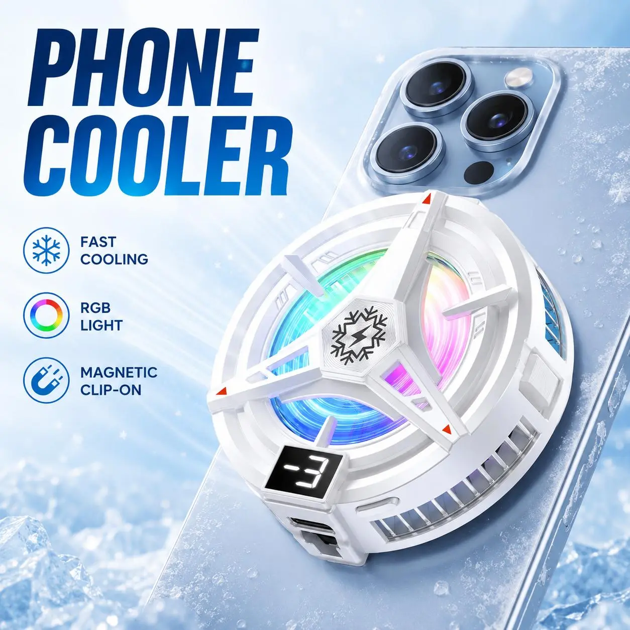 Magnetic & Clip-on Phone Cooler, TEC Semiconductor Phone Radiator with Temperature Display, RGB Light Mobile Phone Cooling Fan for Gaming