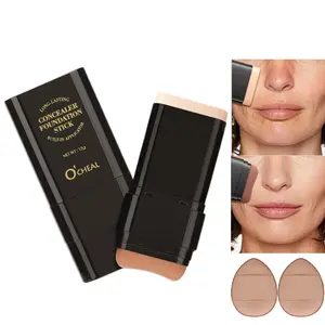 2 in 1 Dual-End Concealer Foundation Stick with Powder Puff, Buildable Concealer & Solid Foundation with Brush Head, Waterproof Matte Finish, Long Lasting Non-Fading Makeup