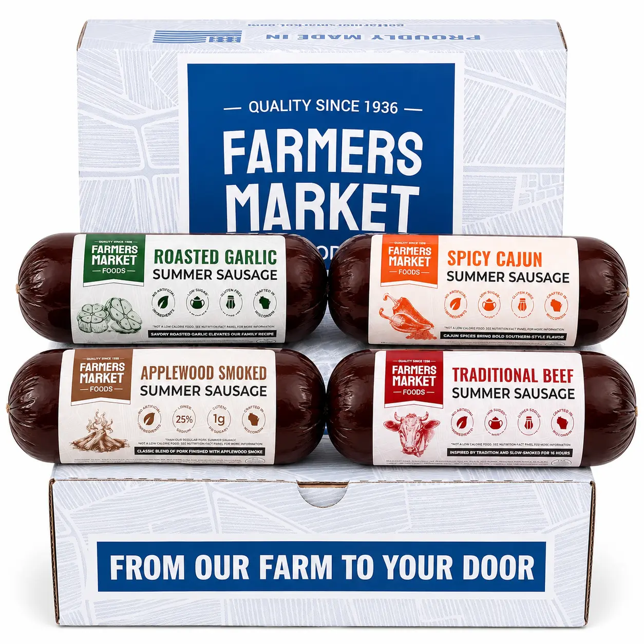 Farmers Market Foods Summer Sausage Variety Pack 4 Pack – Traditional Beef, Roasted Garlic, Spicy Cajun & Applewood Smoked, Wisconsin Made, No Added Nitrates or Nitrites, Shelf Stable Meat Snack, 12oz