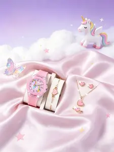 Cute Girly Unicorn Silicone Wrist Watch Set with Heart Jewelry, Analog Quartz Movement, Round Dial, Perfect Gift for Kids, All Seasons Wear, Child Watch, Wristwatch