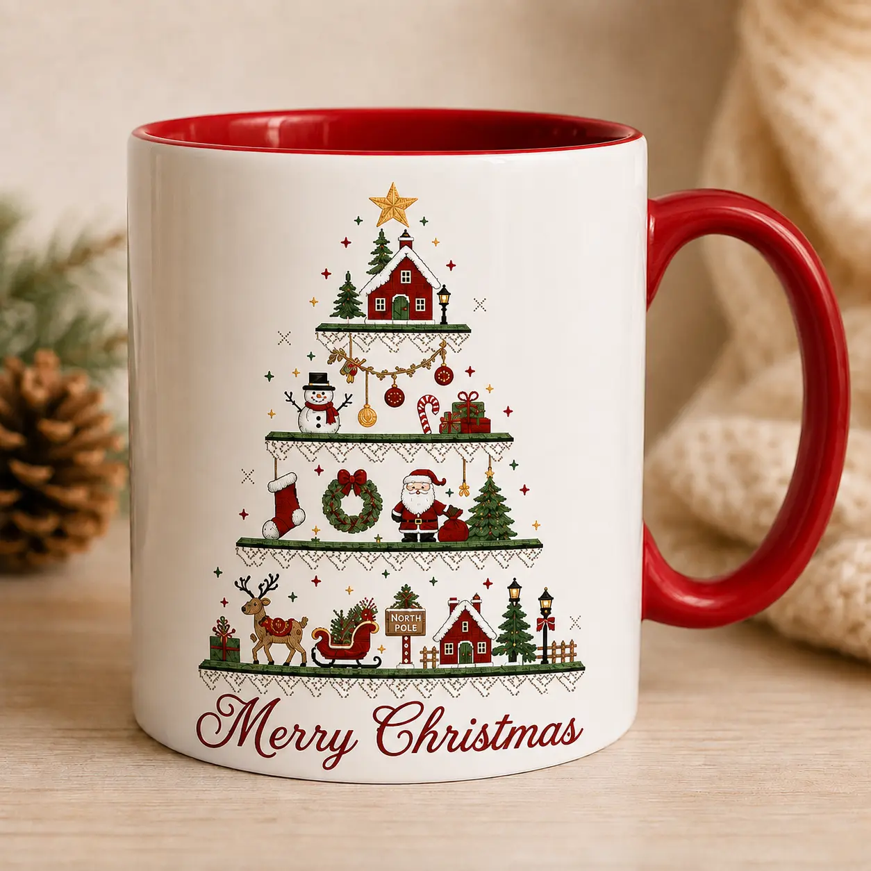 Merry Christmas Coffee Mug, Christmas Village Santa Snowman Reindeer Ceramic Cup, Holiday Tree Winter Mug