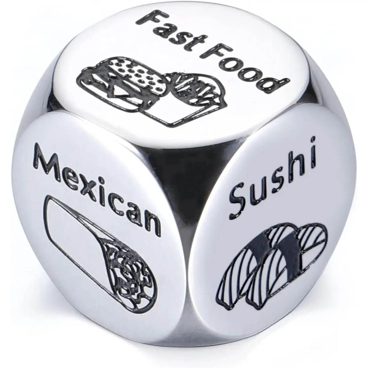Steel 6-Sided Dice Food Decider Selfie Accessory, Compact Single Dice Adult Unisex Gift for 11th Anniversary Date Night, Ideal Wedding Christmas Present, 6 Sides, Birthday
