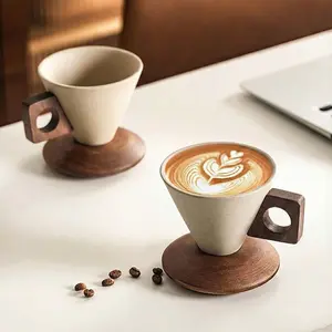 Elegant Square Ceramic Mug - Wabisabi Wooden Handle 8.45oz for Home Office Café