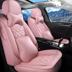 OTOEZ Waterproof Luxury PU Leather Car Seat Cover 5 Seats Full Set with Headrest Pillows Pink Diamond Pattern Universal Fit Auto Seat Protectors Automotive Car Interior Kit