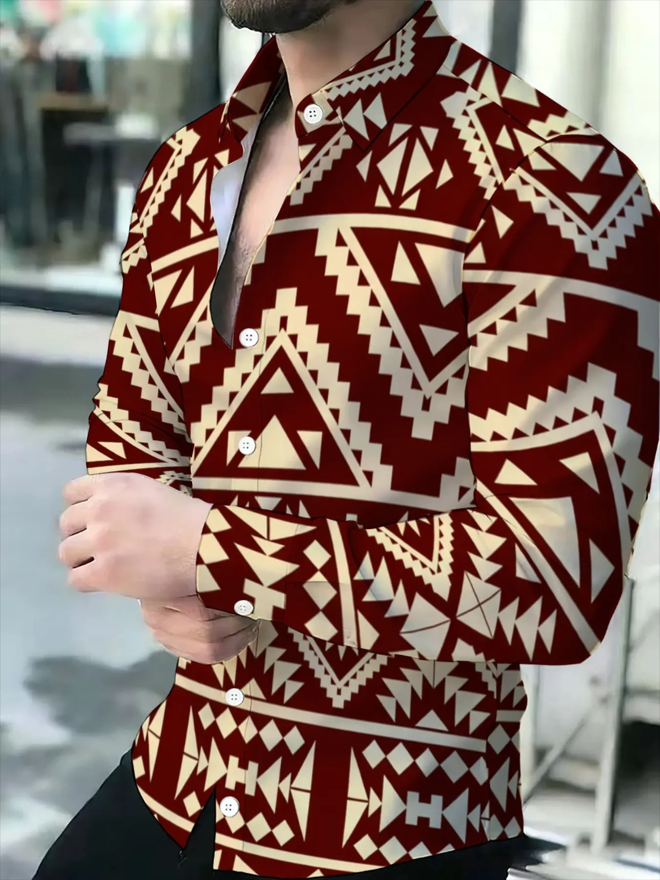 Red Base with Geometric Triangle All-Over Print Men's Ethnic Shirt