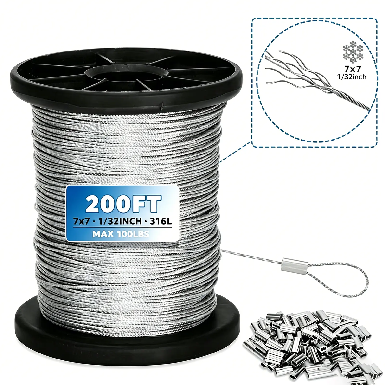 200ft+50pcs Wire Rope Crimping Tool Kit - 316 Stainless Steel 0.8mm (1/32") Cable, Aluminum Crimping Sleeves, Thimbles, 100lb Capacity for Railing, Mirrors, Decorative Lights