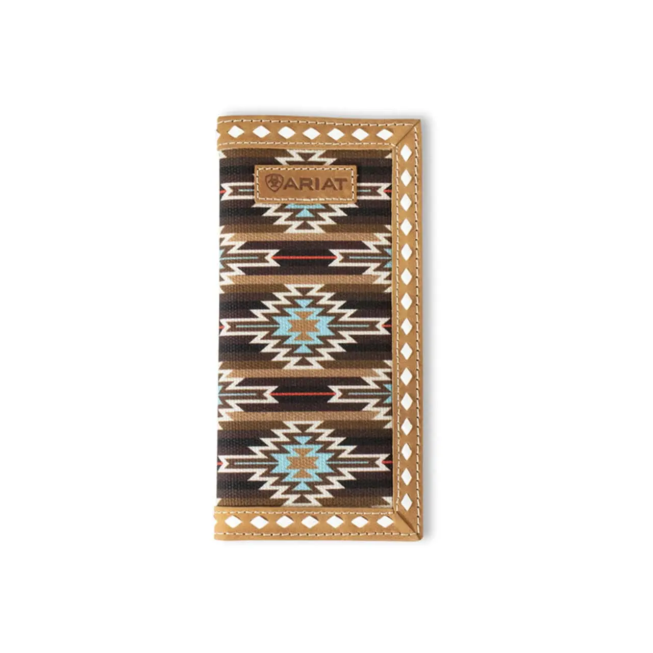 Ariat Youth Southwest Fabric & Genuine Decorated Leather Rodeo Wallet - Style A3560702, Patch Trim, Card Slots, Dark-Toned Country Western Men's Fold-Over Logo Accessory
