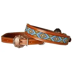 Leather Dog Collar with periwinkle, gold, and mint beaded inlay