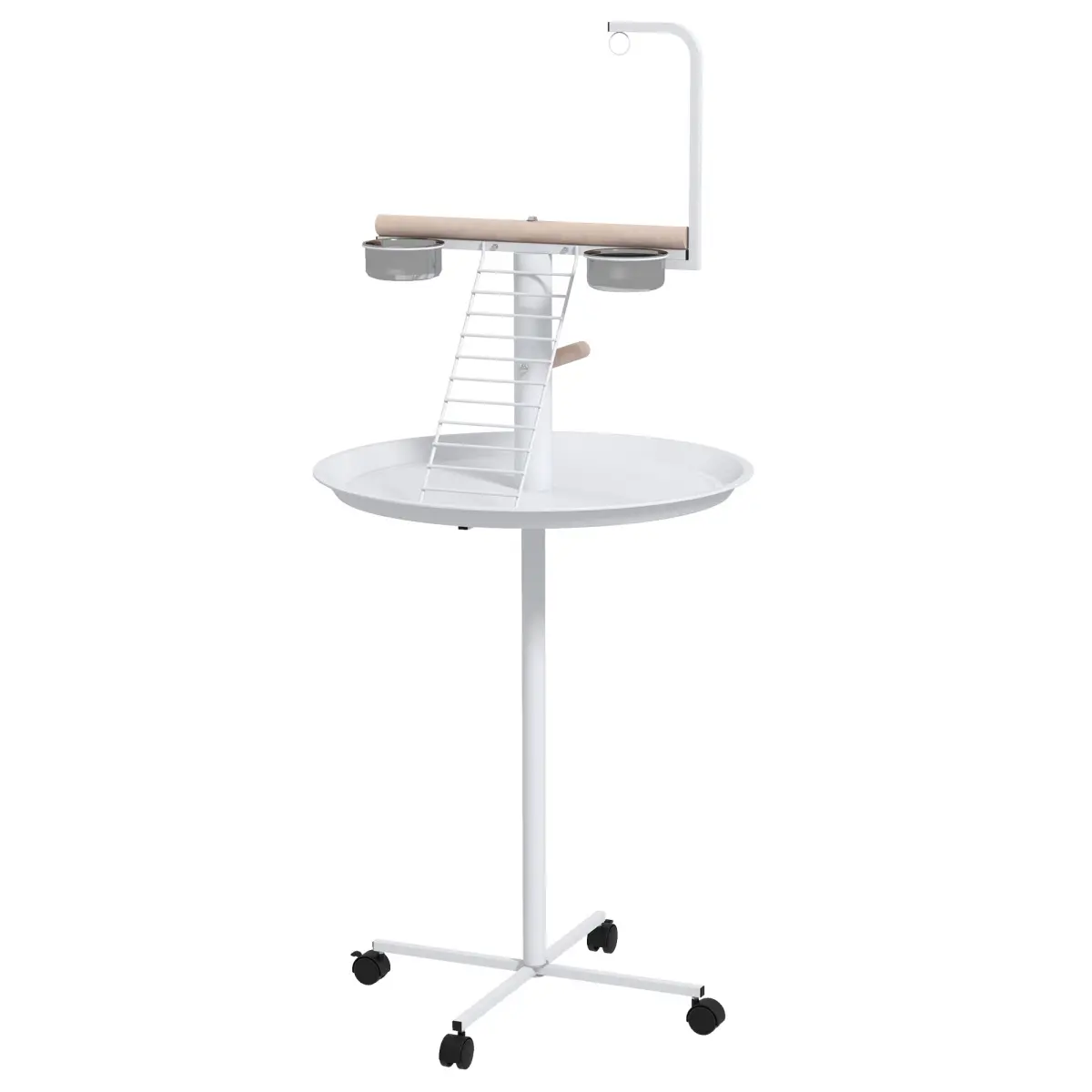 212 Main D10-095V00WT PawHut Bird Stand with Wheels, Perches, Feed Bowls, Round Tray for Parrot