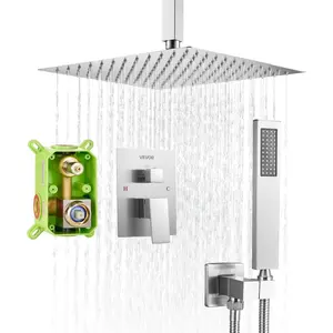 Father's Day Gift VEVOR Ceiling Shower Faucet Set, Rainfall Bathroom Shower System with 12-Inch Square Rain Shower Head and Handheld Spray, Ceiling Mount Bath Fixtures with Brass Valve and Trim Kit, Brushed Nickel
