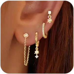 Gold Earrings for Women,Dangle Huggie Earrings for Women Trendy Dainty Gold Hoop Earring Stacks Hypoallergenic Pearl Chain Drop Cartilage Earring Fashion Womens Jewelry shopping spree