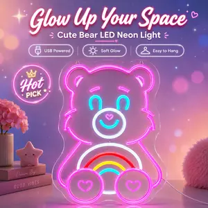 Rainbow Cute Bear Neon Sign, USB Powered LED Bear Wall Light, Pink Kawaii Neon Room Decor for Bedroom, Dorm, Vanity Corner, Gaming Room, Party Backdrop, Cute Gift for Room Decor Lovers