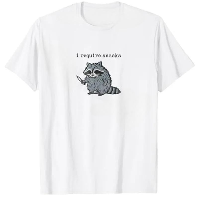 I Require Snacks Raccoon T-Shirt Humor Funny Cute Animal Print Y2k Design Tees Graphic Outfit Short Sleeve Blouses Novelty Gift