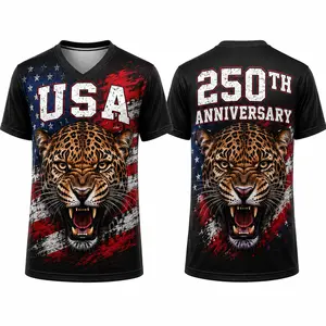 USA 250th Anniversary Patriotic V-Neck Sports Shirt for Men Women, Leopard American Flag Graphic Tee, Black Red White Blue Short Sleeve Athletic Top