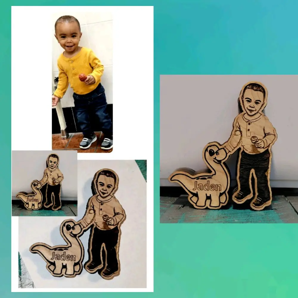 Solid wood handcrafted figurine Keepsakes.  Send me a photo and I'll create a figurine from it for you. Or send me a photo and your vision and I'll design a figurine for you free of charge. Each figurine keepsake is 6"high and 1" thick.