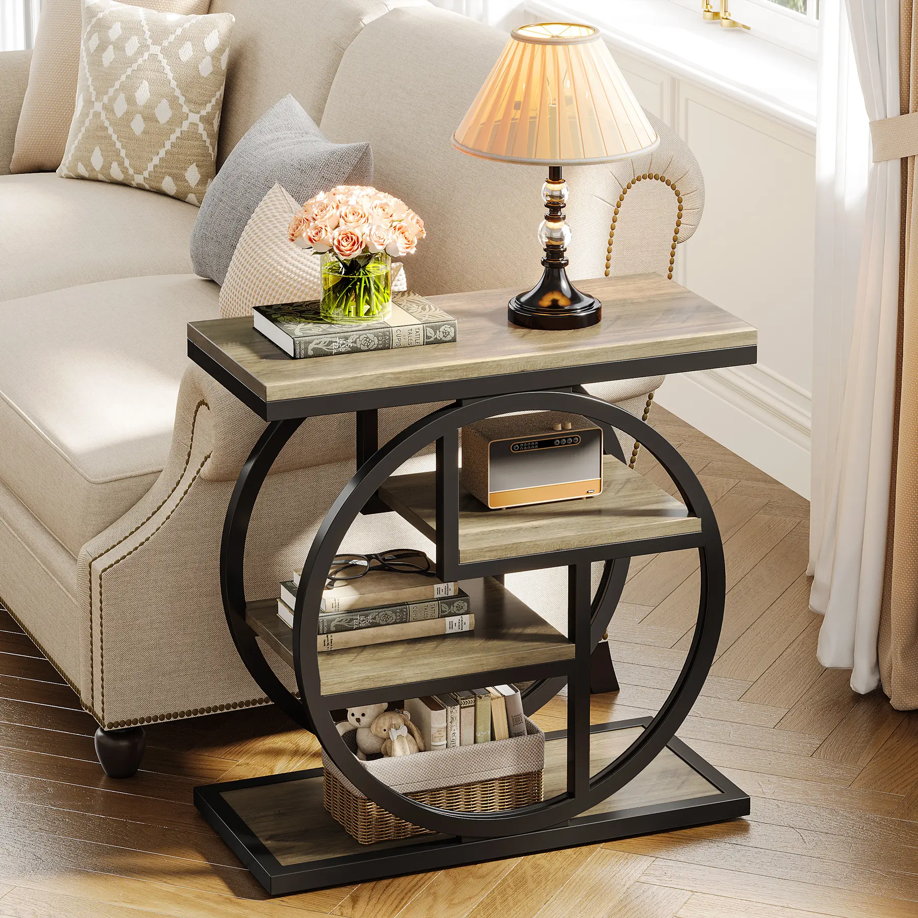 Tribesigns 4-Tier Narrow Side Table with Storage Shelves, Industrial Design, Wooden Construction, Ideal for Living Room and Bedroom Home Organize