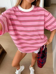 Women's Retro Loose Oversized Brown Striped Crew Neck T-Shirt - A relaxed and casual short-sleeved top; the perfect choice for summer beach and street style.