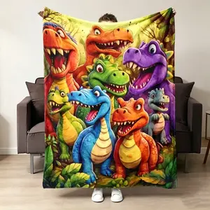 Colorful Dinosaur Flannel Blanket | Cozy Cute Dino Jungle Nursery Decor | Ultra-Soft Aesthetic Kids Bedding, Perfect Toddler Gift for Boys & Girls