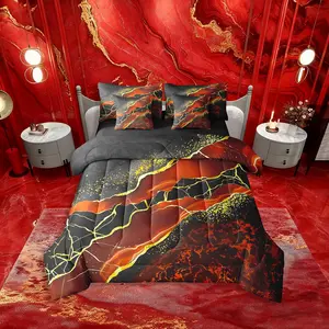 Galaxy Comforter Set,Marble Bed in A Bag,7 Pieces Golden Marbling Crack Fluid Aesthetic Bed Set,Black Dark Red Bedding