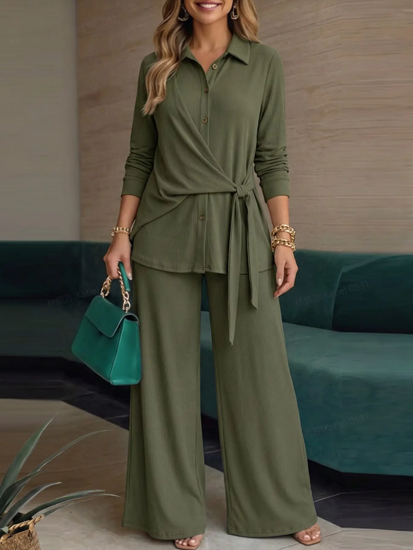 Women's Casual Minimalist Solid Color Set, Womenswear Long Sleeve Collared Turn-Down Collar Knit Cardigan, High Waist Straight Leg Pants, Daily Commute, Everyday