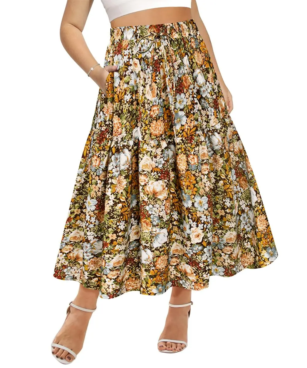 Plus Size Skirts for Curvy Women Elastic High Waist Boho Maxi Skirt Pleated A-Line Tiered Long Skirts with Pockets