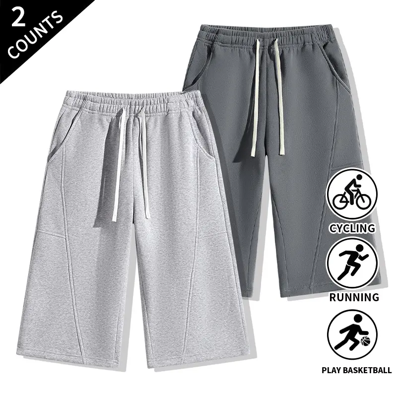 2-Pack Summer Vibes Men’s Cropped 3/4 Sweatpants, Relaxed Straight Fit, Panel Seam Design, Drawstring Waist, Casual Workout & Walking Pants with Pockets
