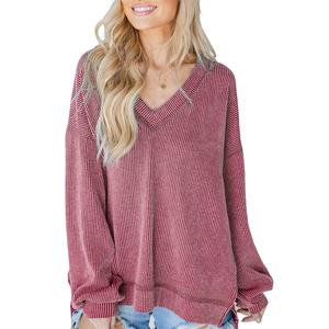 EVALESS Womens Casual Ribbed Oversized Shirts,Long Sleeve V Neck Knitwear Tunic Blouses,Lady Lightweight Tops for Everyday Wear,2025 Fashion Womenswear Fall Outfit