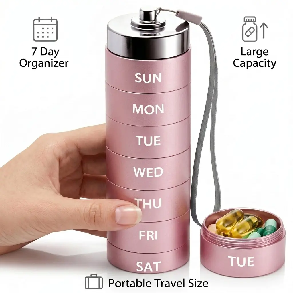 Metal Cylinder Pill Box - High-Capacity 7-Day Weekly Pill Organizer, Stackable Reusable Food-Grade Aluminum Alloy Case, Waterproof Humidity-Resistant BPA-Free Travel-Size Gym-Bag Ready Container for Adults (Fits 12 Vitamins, Fish Oil Capsules)