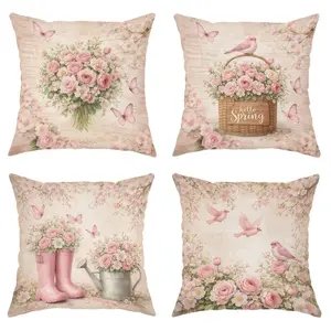 4pcs-Spring Themed Throw Pillow Covers, Pink Beige Series, Spring Floral Vintage Design, Home Decor for Living Room Sofa and Bedroom, Suitable for Spring and all Seasons Decoration, 2D Flat, Single Sided Printing, No Pillow Core, Sofa Cushion Cover