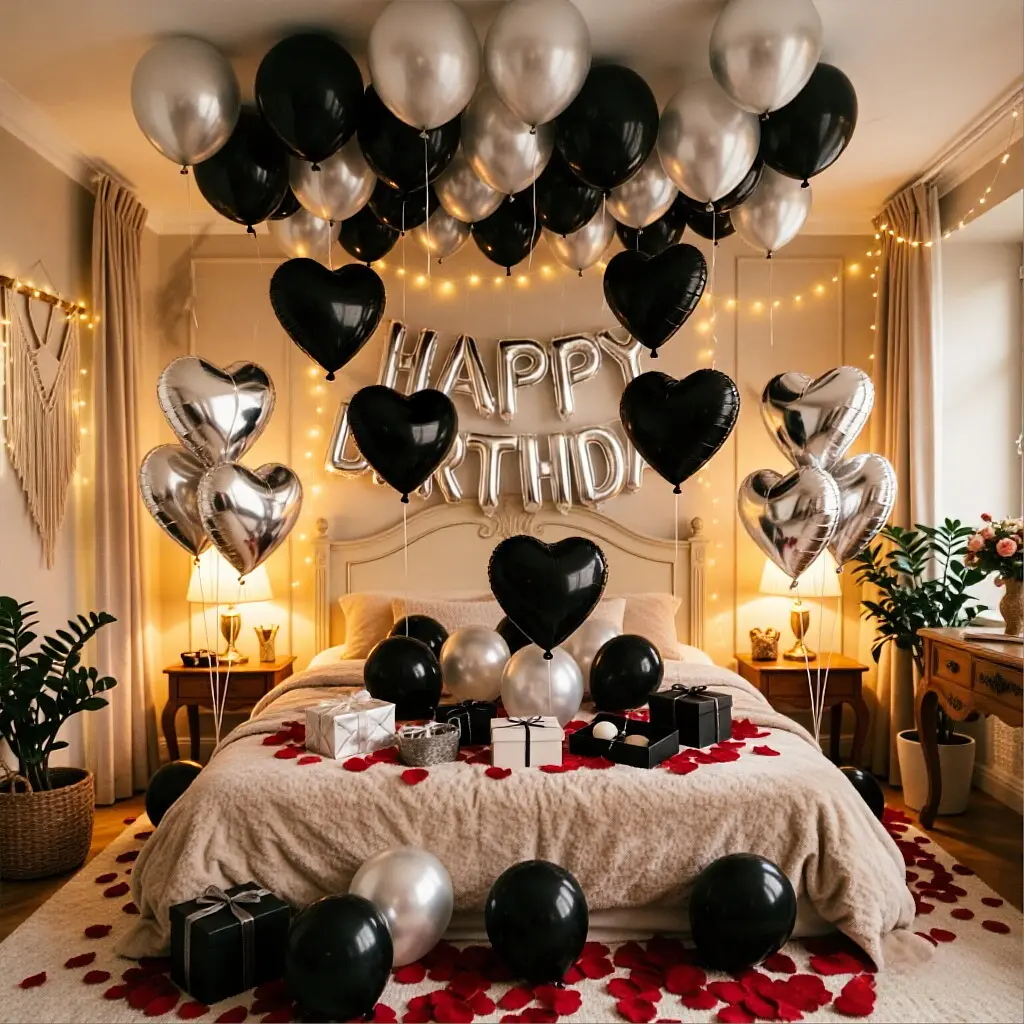 586-Piece Black & Silver Birthday Balloon Set - HAPPY BIRTHDAY Letter, Heart-Shaped Aluminum Film Balloons, 500 Petals for Adult Bedroom Party Atmosphere Decoration & Setup