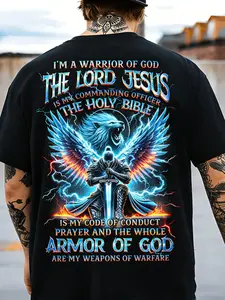 Men's Plus-Size Christian T-Shirt - Jesus & Cross Print Cotton Y2K Streetwear Suitable for Church, Casual Wear, Faith-Based Gift, Machine Washable Round Neck Short Sleeve Top with Son of God - Holiday Gift Apparel for Church Outfits, PLUS SIZE