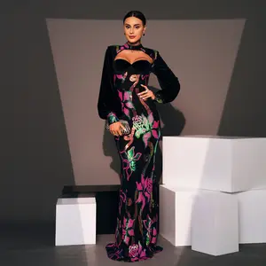 Long Sleeve Elegant Round Neck Sexy Hollow Out Long Sequin Evening Dress Bridesmaid Dress for Women Womenswear Black Floral Crewneck