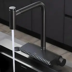 Contemporary Black Brass Waterfall Kitchen Faucet with Pull-Out Sprayer