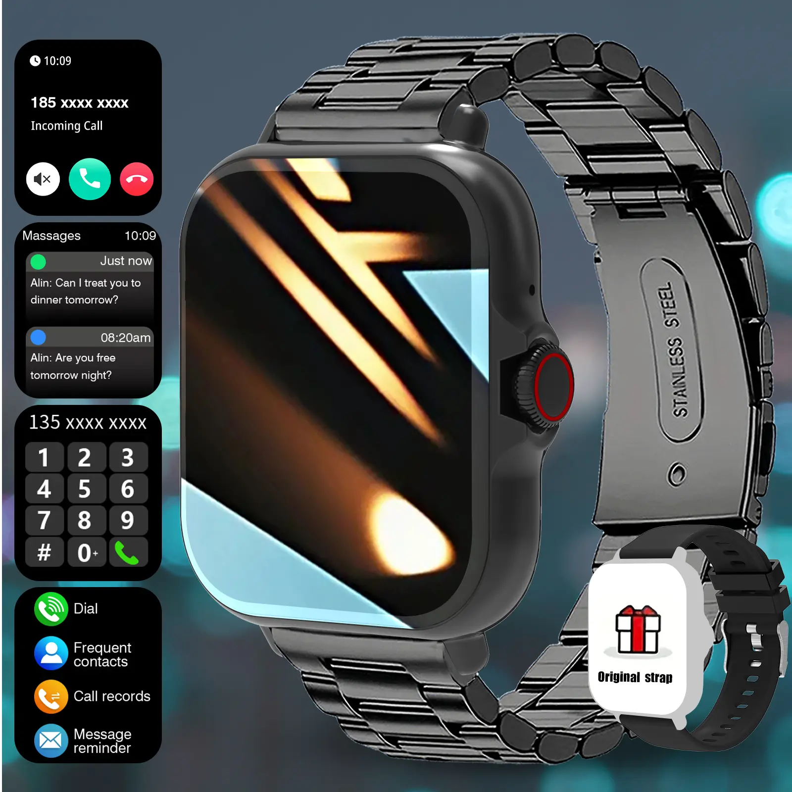 Men's and women's smart watch, wireless calling, multiple sports modes, digital display, USB charging, multimedia messaging, fitness pedometer, silicone strap, compatible with Android and Iphone, Sports Smart Watches